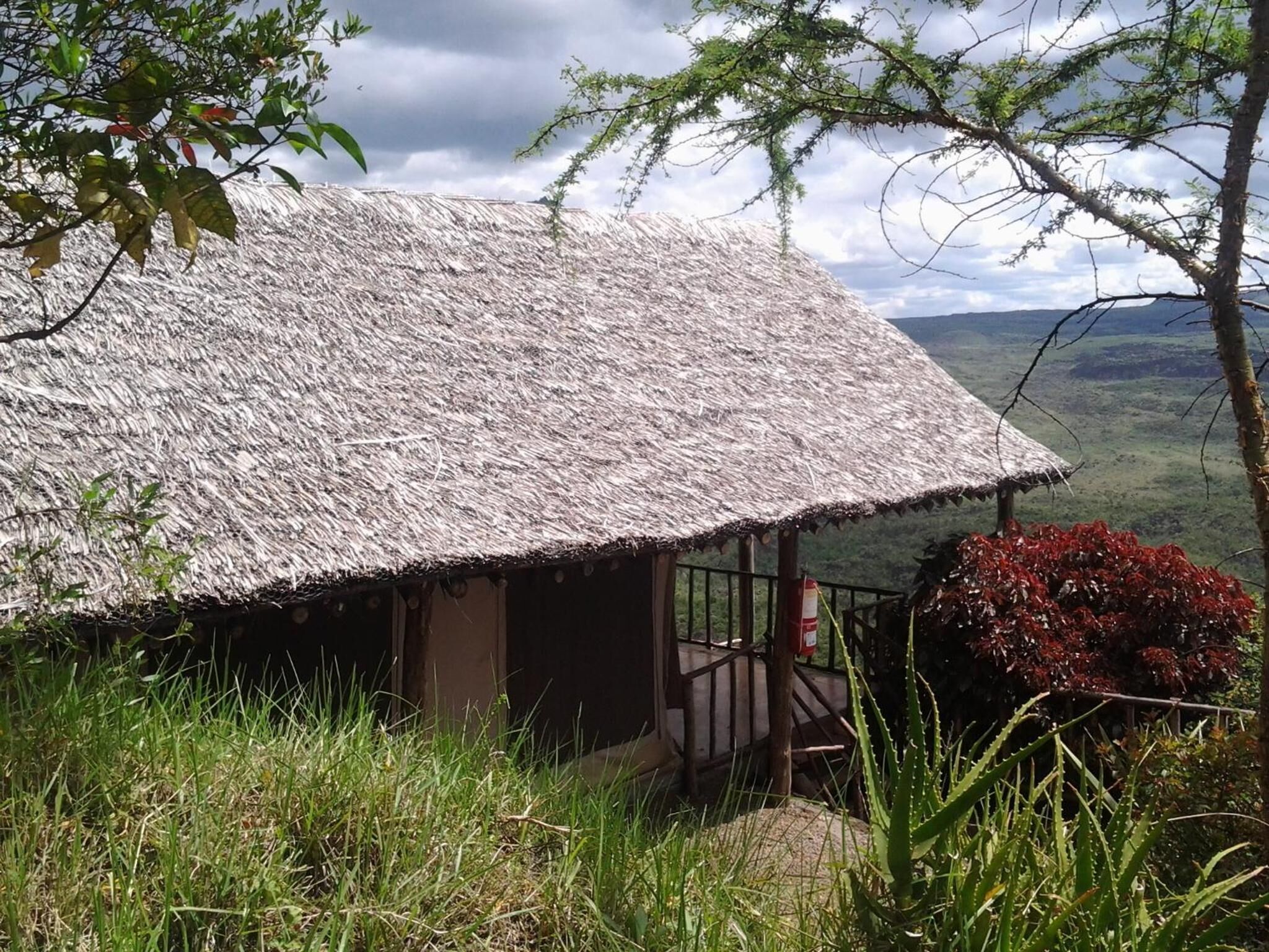 A thatched-roof hut with a wooden porch, surrounded by lush greenery and a mountainous landscape.