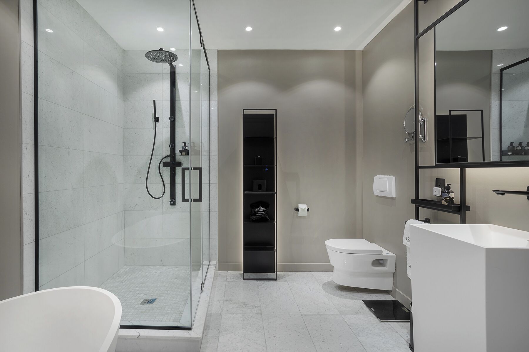 designer toiletries, hair dryer, bathrobes, slippers