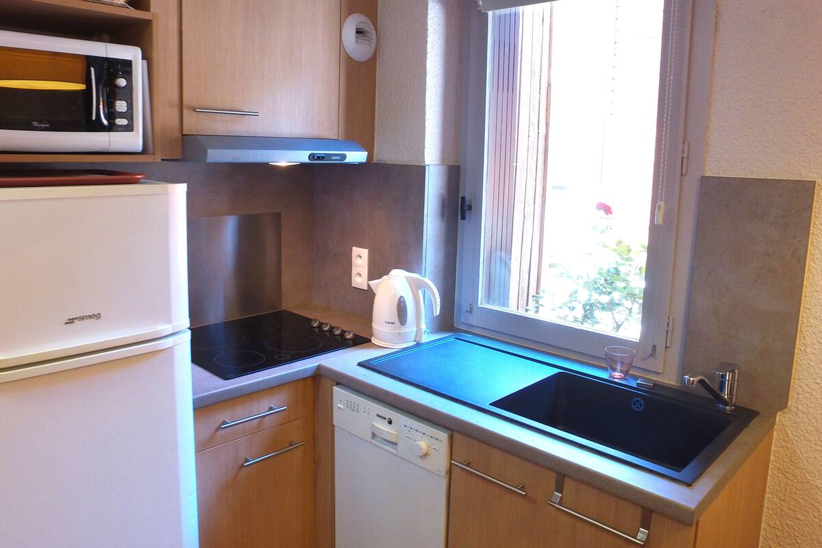 A compact kitchen with a refrigerator, microwave, stove, and sink.