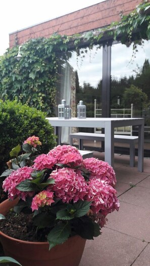 Appartement Confort, accessible aux personnes à mobilité réduite, vue sur le jardin | Terrasse/patio