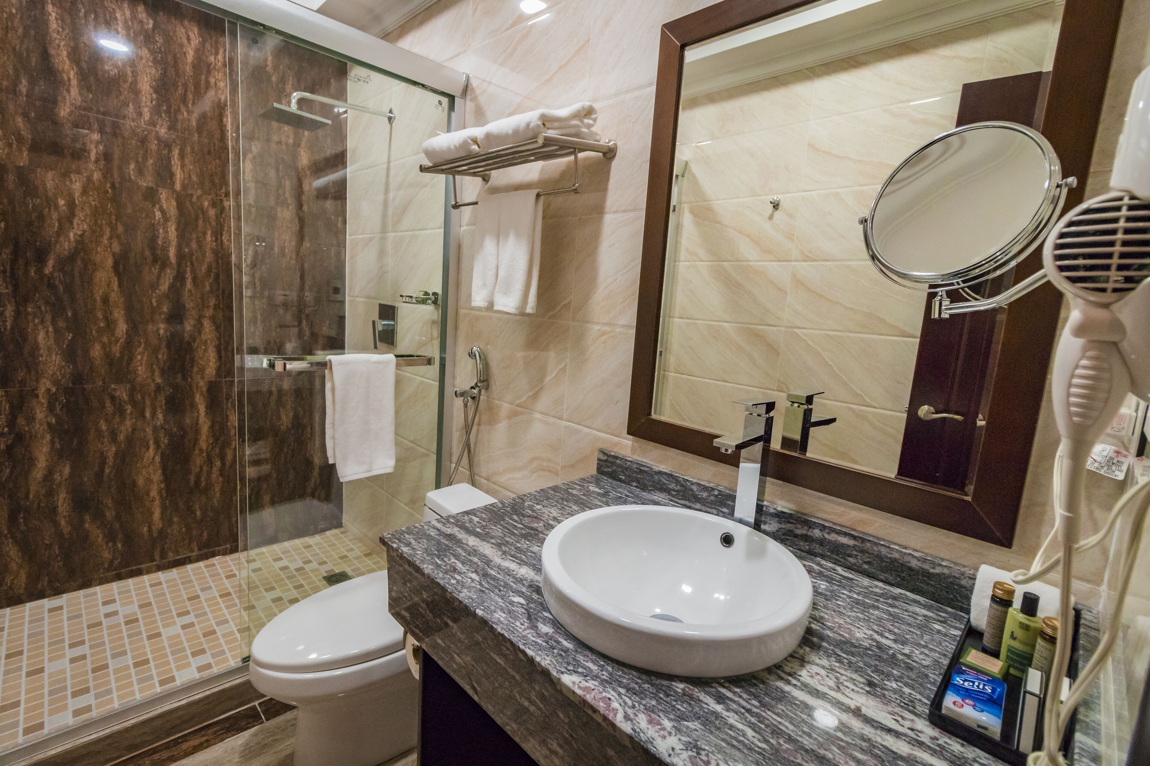 free toiletries, hair dryer, towels