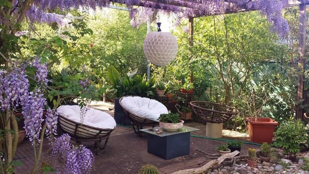 Un patio jardín con mobiliario de mimbre, plantas en macetas y una lámpara colgante.