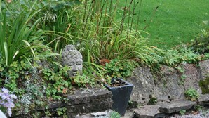 Um jardim com uma escultura de cabeça de pedra, diversas plantas e um vaso.