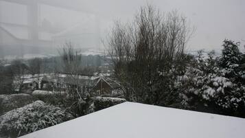 Un paisaje nevado con una casa y árboles.