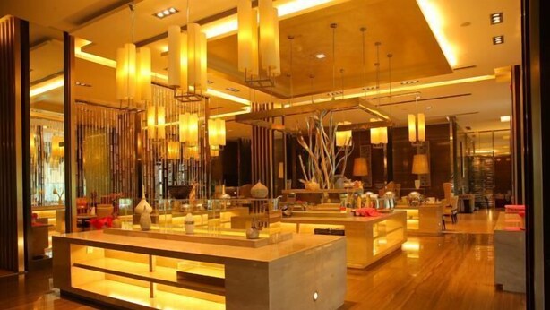 Un moderno vestíbulo de hotel con un mostrador de recepción central, lámparas contemporáneas y un suelo de madera pulida.
