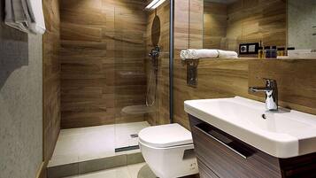 Shower, free toiletries, hair dryer, bathrobes