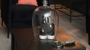 Een donker interieur met een houten deur, een zwarte bank met een roze kussen, een glazen koepel over een kandelaar, en een cactus op een zwart bijzettafeltje.
