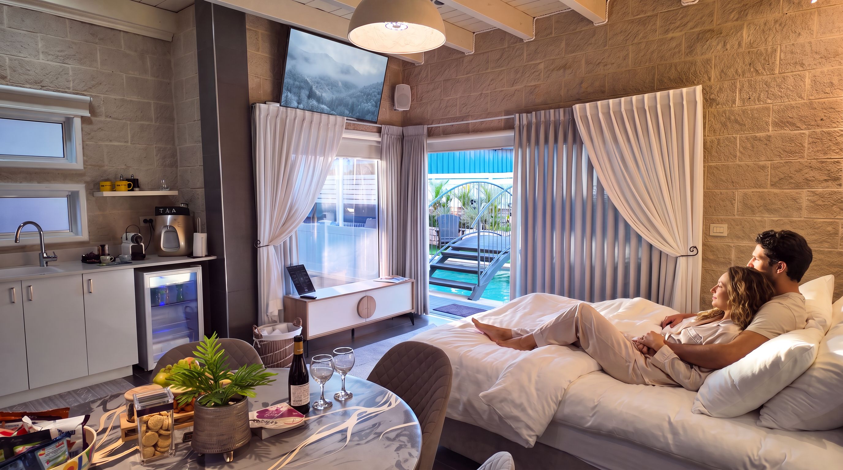 Habitación de hotel con cama, una mesa de comedor con planta y vino, un televisor y vistas a una piscina y zona exterior.