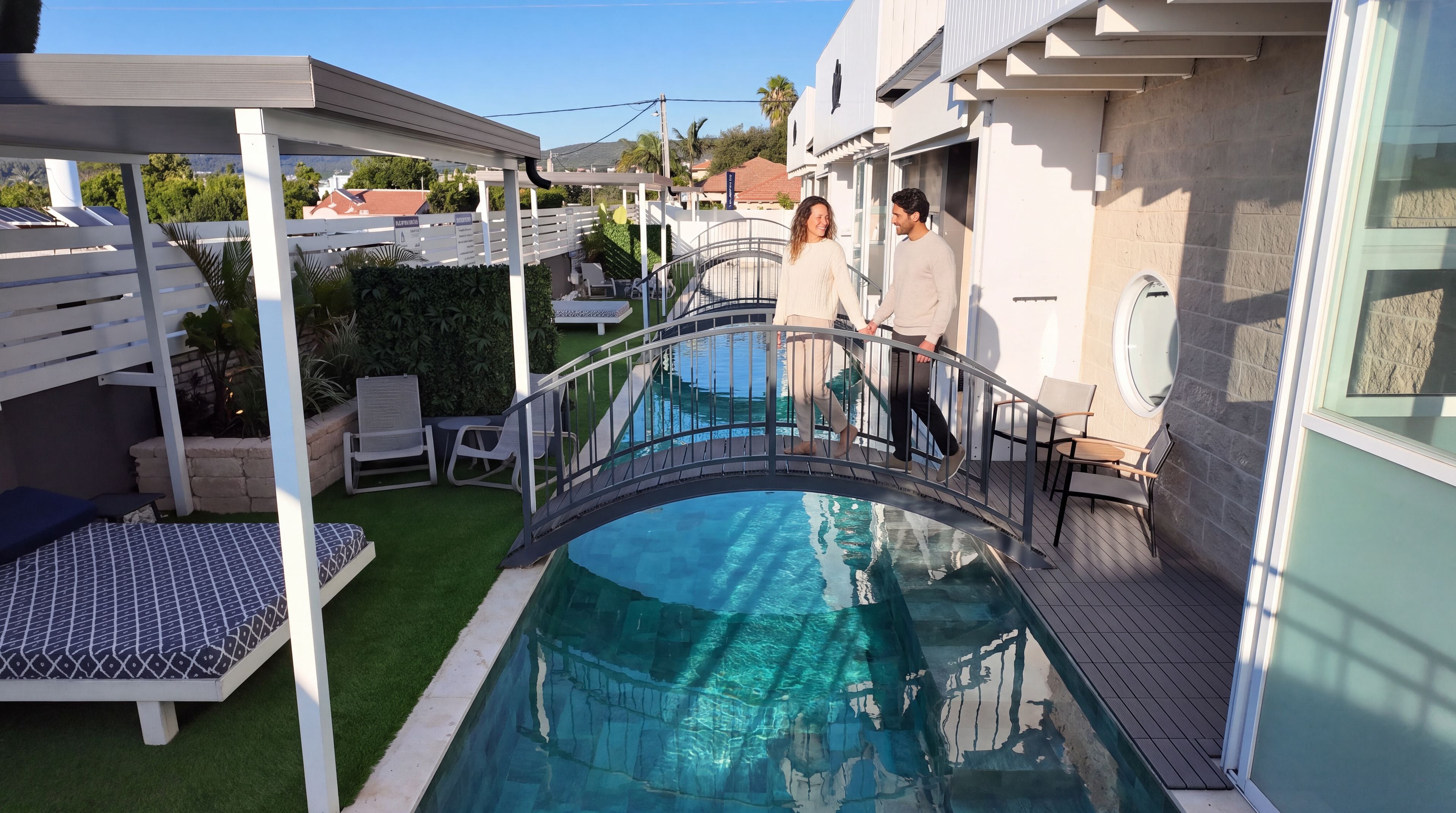 A swimming pool with a glass bridge, surrounded by outdoor furniture and a white fence.