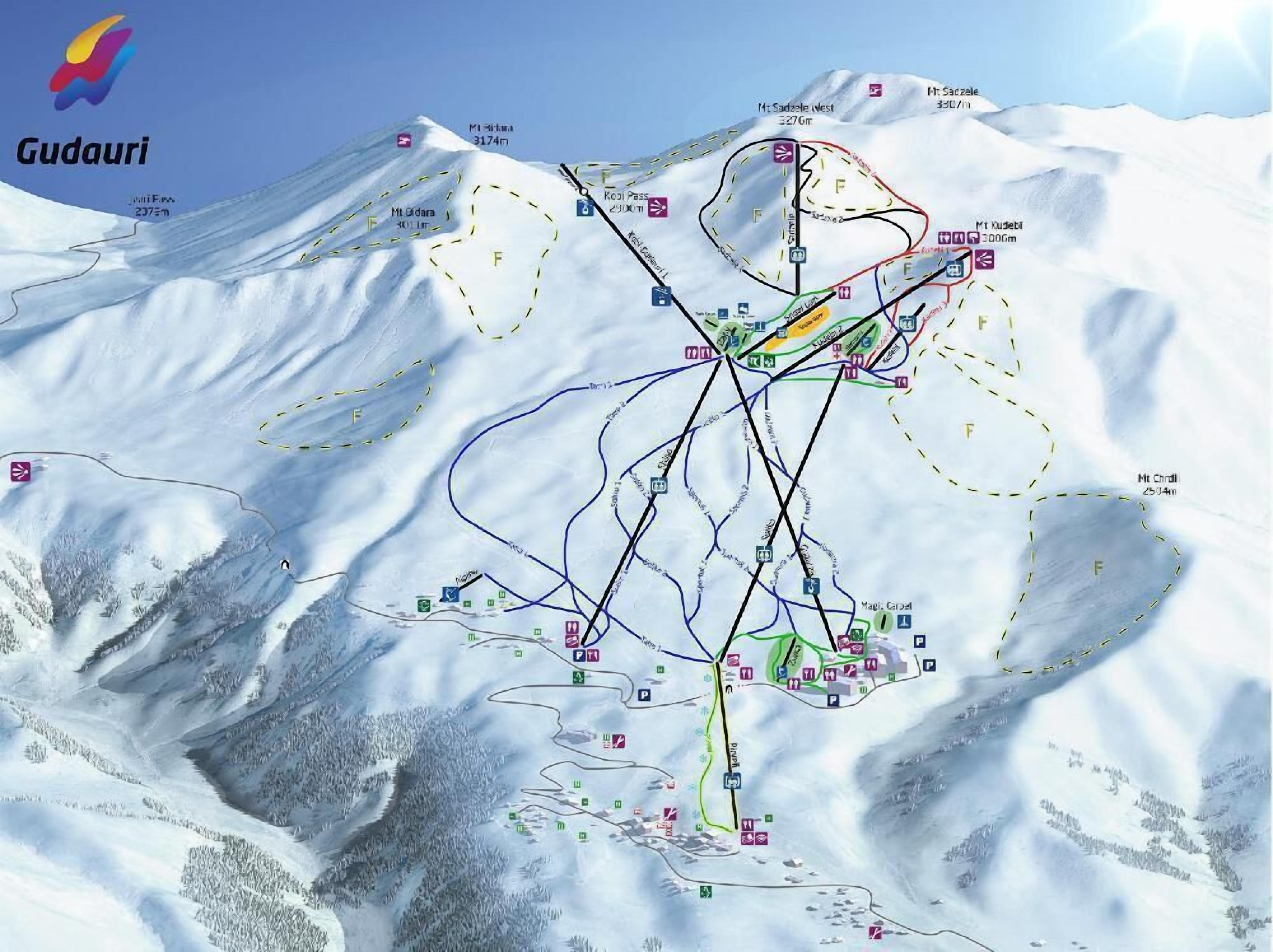 A ski resort map with marked ski runs, lifts, and mountain peaks.