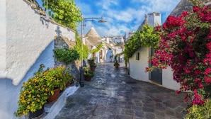 A narrow cobblestone street lined with white buildings, some with thatched roofs, and lush greenery and flowers. - Versomare (Polignano a Mare)