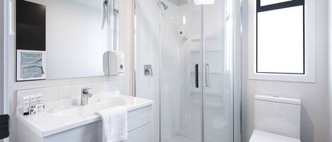 A modern bathroom with a glass-enclosed shower, a white sink, and a toilet.