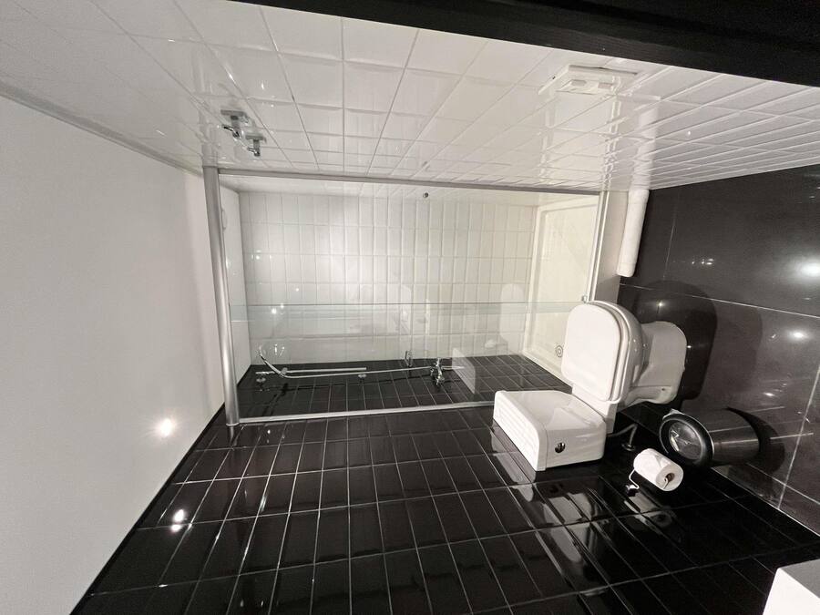 Un baño con ducha envuelta en vidrio, inodoro y lavabo.