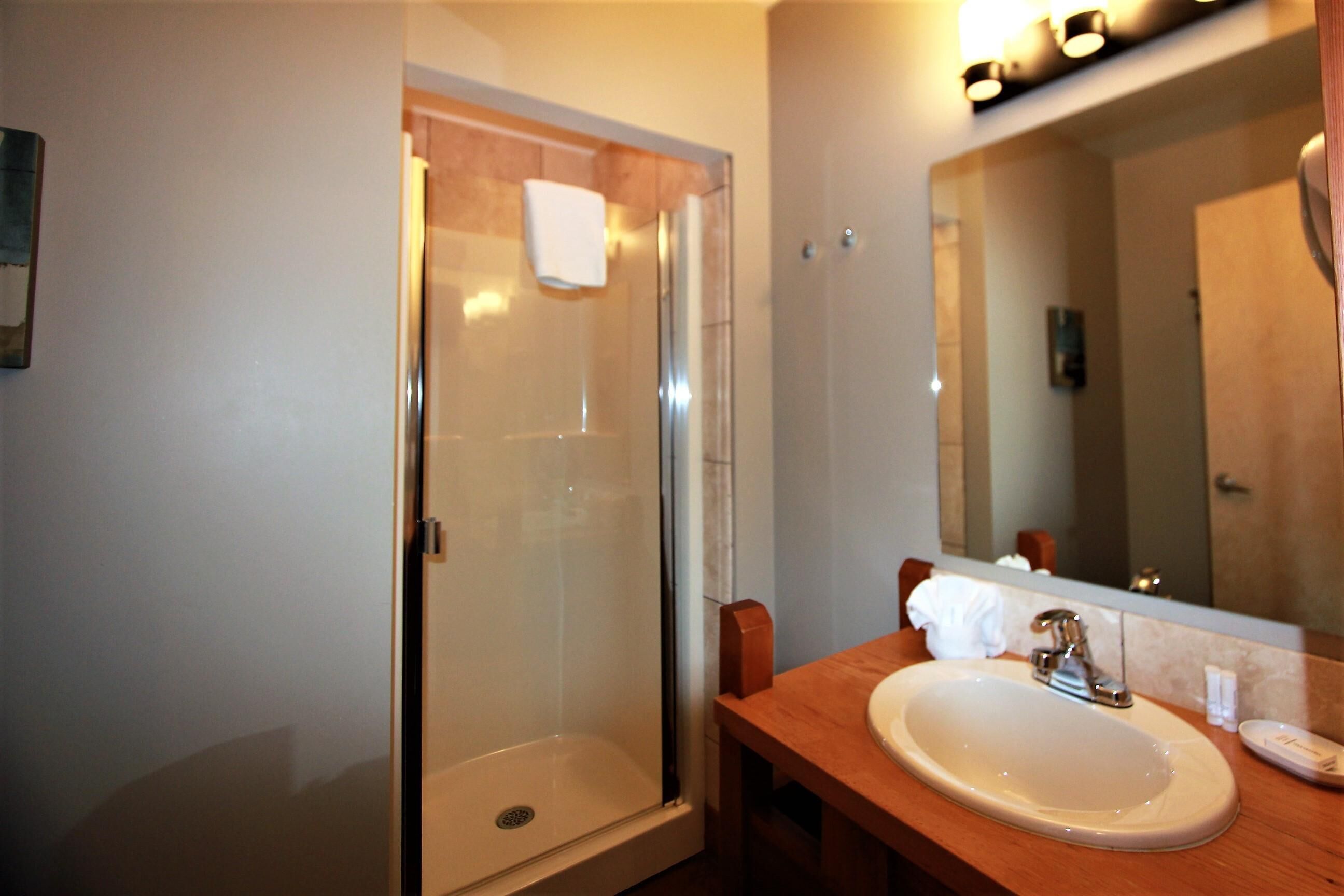 Une salle de bain avec une douche à parois de verre, un lavabo avec un miroir au-dessus et une serviette accrochée au mur.
