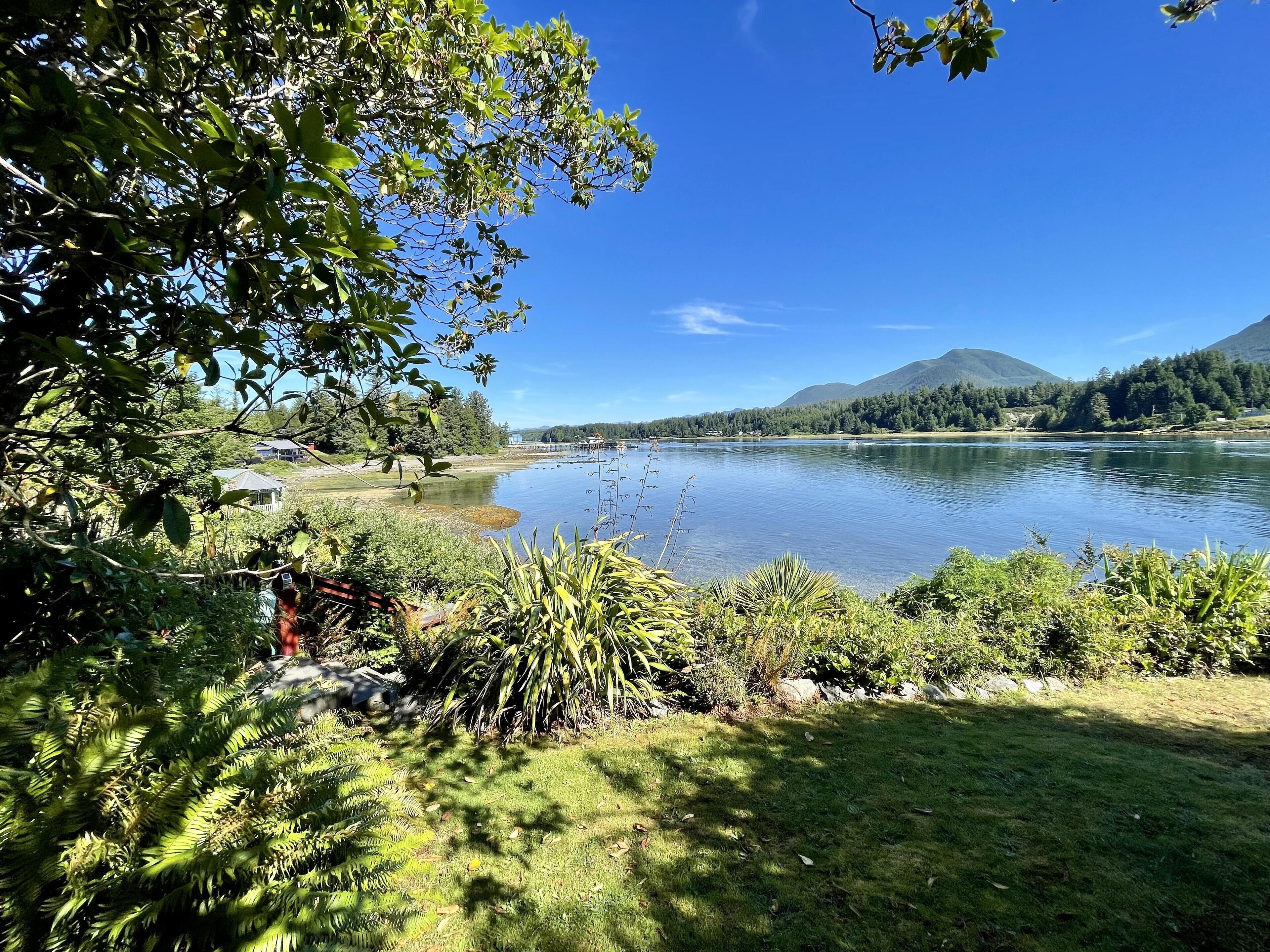 A serene lakeside view with lush greenery, a clear sky, and distant mountains.