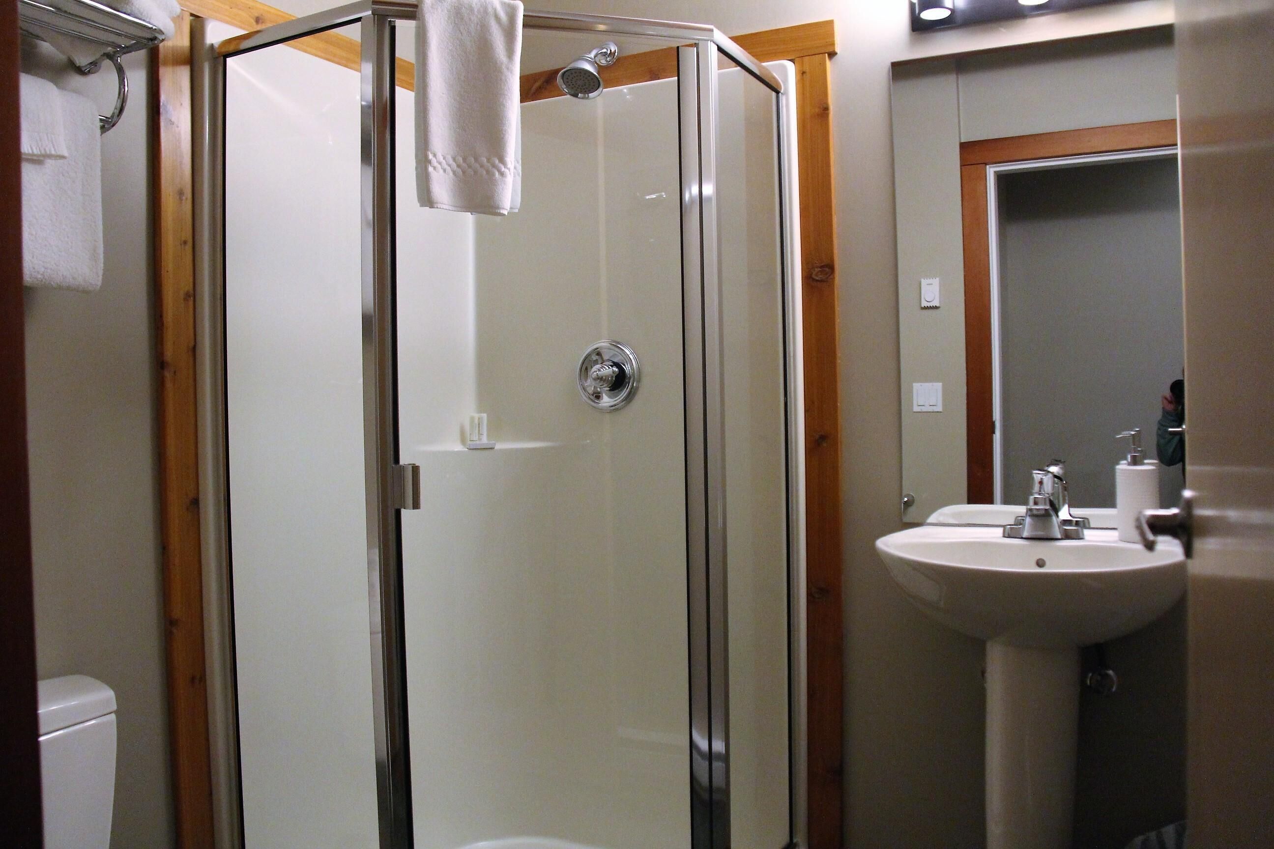 A bathroom with a glass-enclosed shower, a sink, and a mirror.