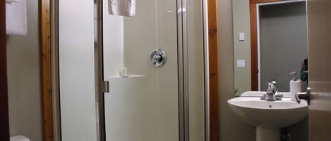 A bathroom with a glass-enclosed shower, a sink, and a mirror.