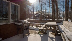Eine Holzhütte mit einer Terrassenfläche, die Picknicktische und einen Herd beinhaltet.