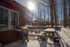 Una baita di legno con patio, tavoli da picnic e un fornello.