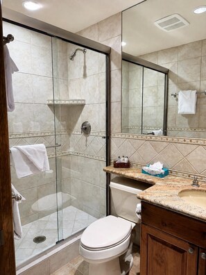 Une salle de bain avec une douche à parois de verre, des toilettes, un meuble-lavabo avec un évier et un miroir.