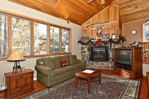 A cozy living room with a fireplace, a sofa, a coffee table, and a television.
