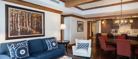 TV, fireplace, books