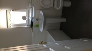 Een badkamer met twee toiletten, een wastafel en een spiegel.