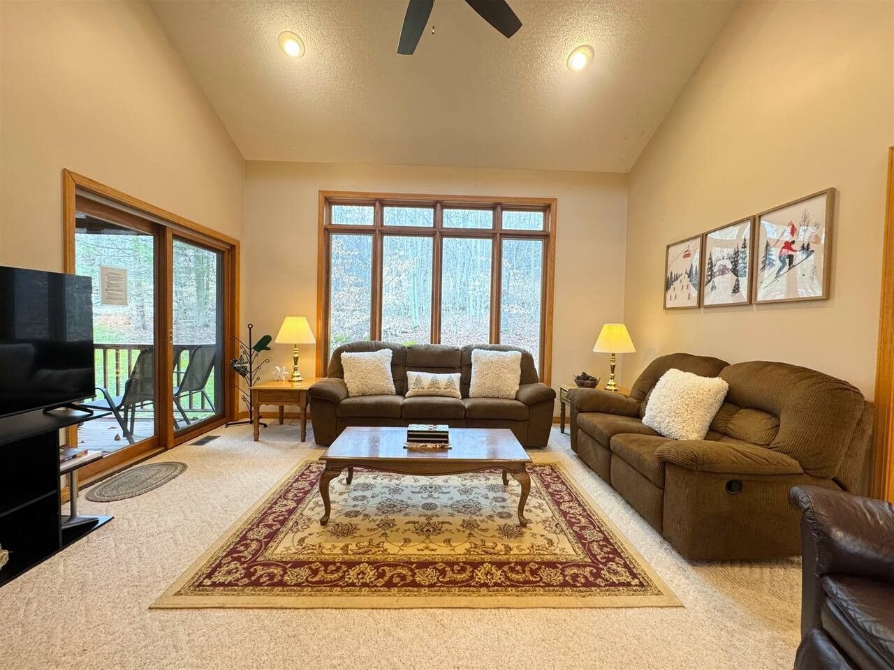 A living room with a sofa, a coffee table, and a television.
