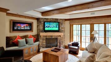 Televisión, chimenea y libros