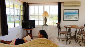 A room with a TV on a stand, a table with chairs, a lamp, and a painting on the wall. - Secluded beach house on Hooper's Bay, Great Exuma, The Bahamas (George Town)