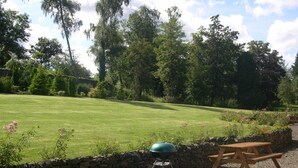 A grassy area with a stone wall, a barbecue grill, and picnic tables.