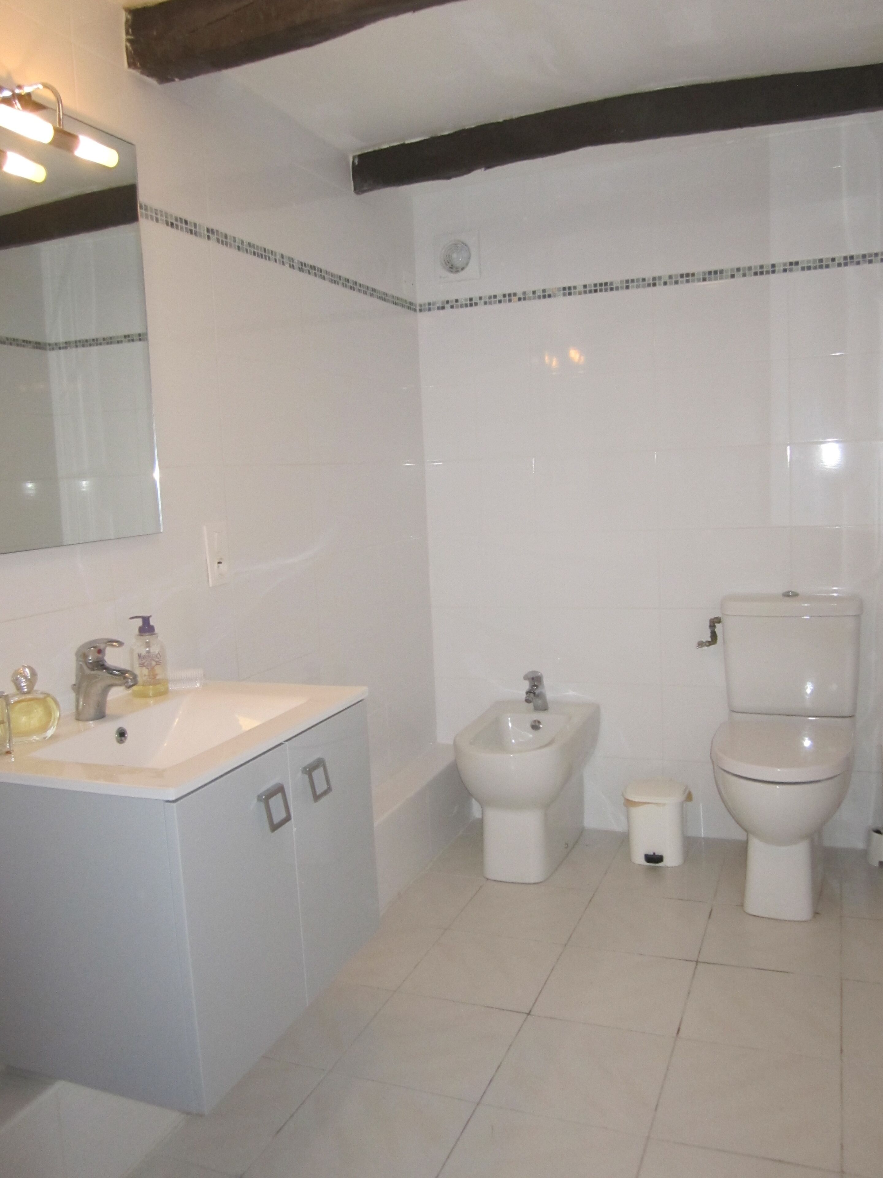 Une salle de bain équipée d’un lavabo, d’un bidet, de toilettes et d’un miroir.