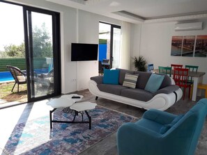 Flat-screen TV, fireplace