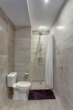 A modern bathroom with a toilet, shower, and a dark rug.