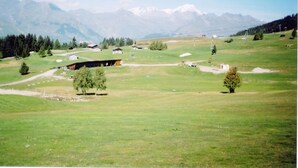 A rural landscape with a barn, scattered trees, and distant mountains.