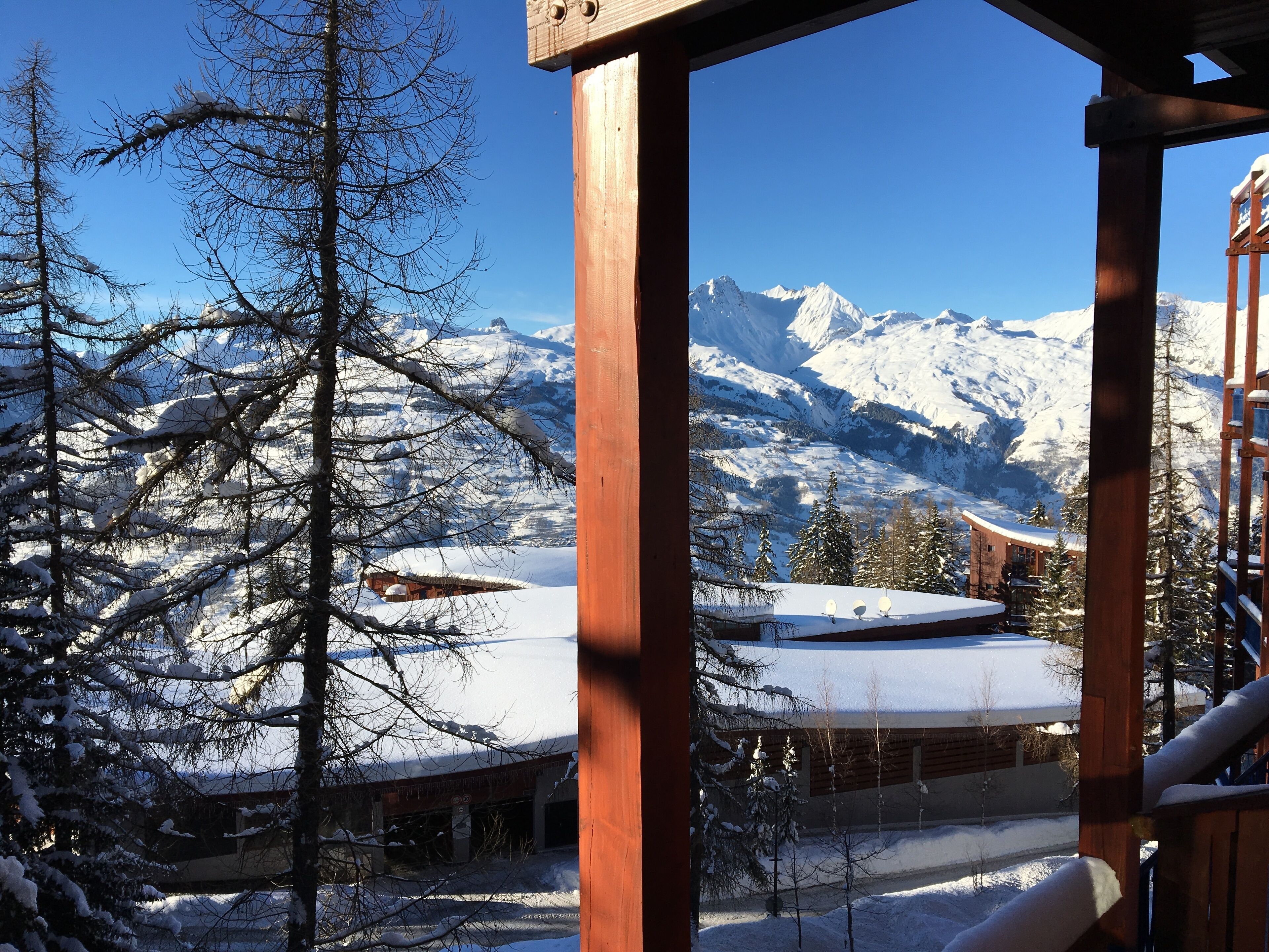A wooden cabin with a view of snow-covered mountains and trees.
