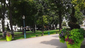 Un parco con panchine, un vialetto lastricato e grandi vasi di fiori.