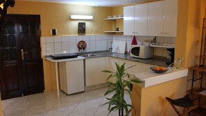 A compact kitchen with white cabinets, a microwave, a sink, and a potted plant.