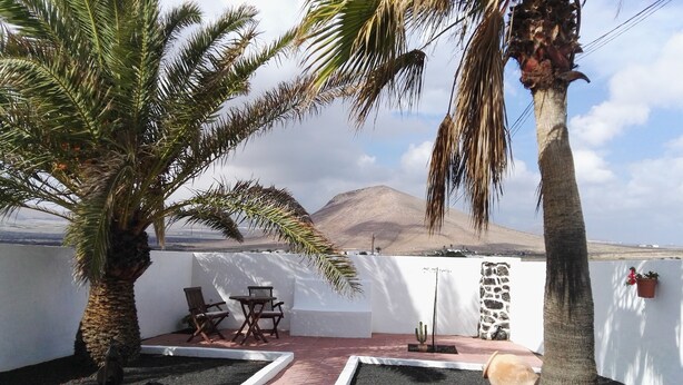 A terrace with a table and chairs, a palm tree, and a view of a mountain.