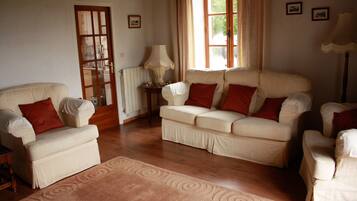 TV, fireplace, DVD player, books