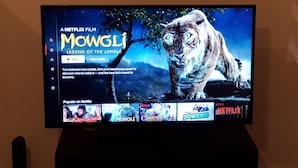Ein Fernseher zeigt einen Netflix-Film mit dem Titel 'Mowgli: Legende des Dschungels', im Hintergrund ist ein Tiger zu sehen.