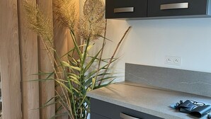 A modern kitchen with grey cabinets, a countertop, and a potted plant. - Superb luxury appartment in prime location (3min away from Palombbagia)  (Porto-Vecchio)