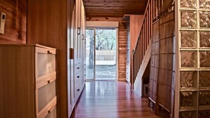 A wooden interior hallway with a glass door leading outside, a staircase, and a wall with decorative glass panels. - Cap-Ferret peninsula: Beautiful villa with heated pool (Lège-Cap-Ferret)