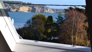 A view from a window overlooking a body of water, cliffs, and trees.