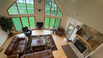 Smart TV, fireplace, DVD player, books