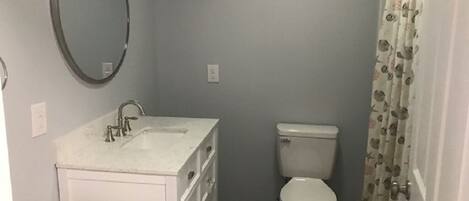 A small bathroom with a white sink, mirror, and toilet.