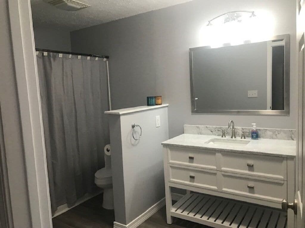 A bathroom with a toilet, a sink with a mirror, and a shower curtain.