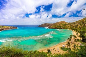 Un paysage côtier caractérisé par une eau turquoise cristalline, une plage de sable et une végétation luxuriante.