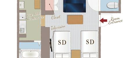A hotel room layout with a closet, kitchenette, television, two single beds, and a bathroom.