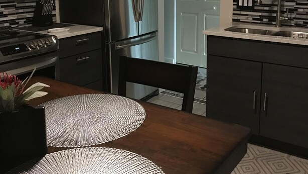 A modern kitchen with dark cabinetry, stainless steel appliances, and a blue door. - Newly renovated with lots of upgrades. (Portage)